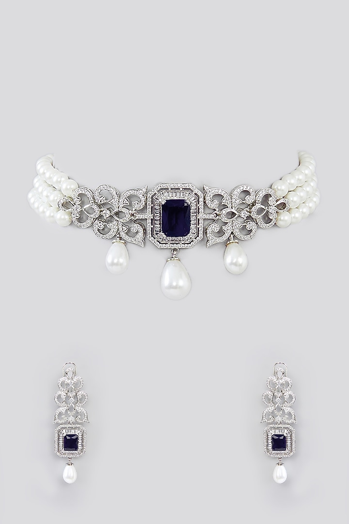 White Finish Faux Diamond & Pearl Choker Necklace Set by Zevar By Geeta at Pernia's Pop Up Shop