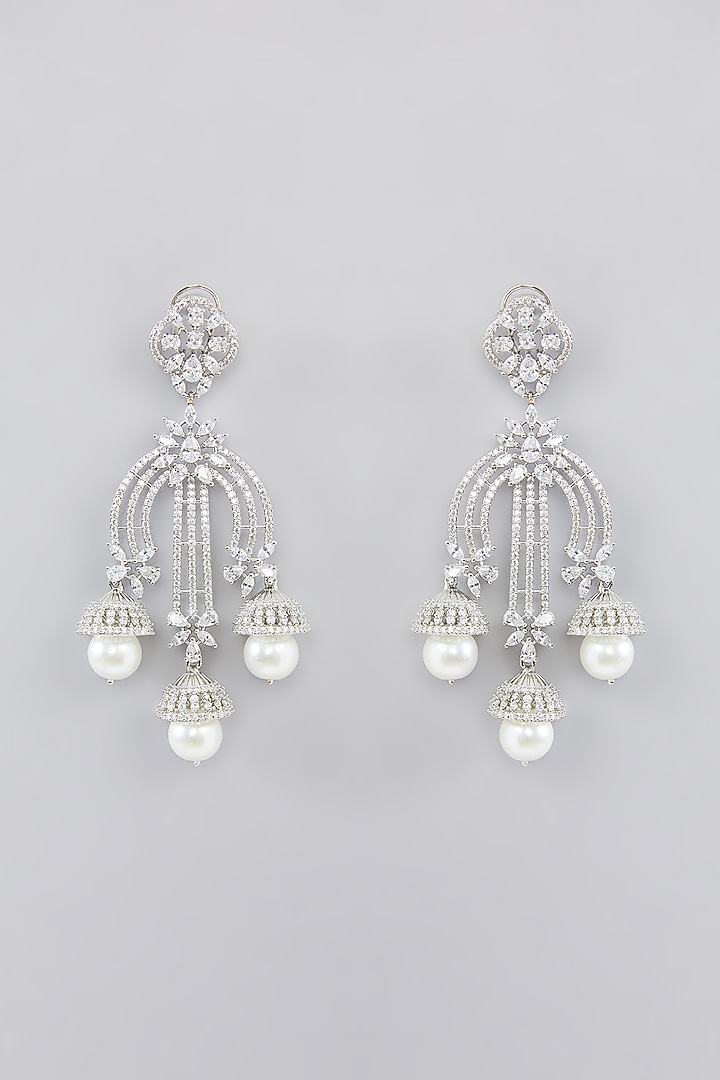 White Finish Faux Diamond Dangler Earrings by Zevar By Geeta at Pernia's Pop Up Shop