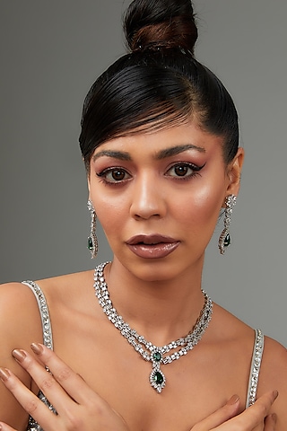 White Finish Faux Diamond & Green Stone Necklace Set by Zevar By Geeta