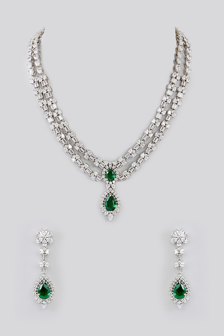 White Finish Faux Diamond & Green Stone Necklace Set by Zevar By Geeta at Pernia's Pop Up Shop