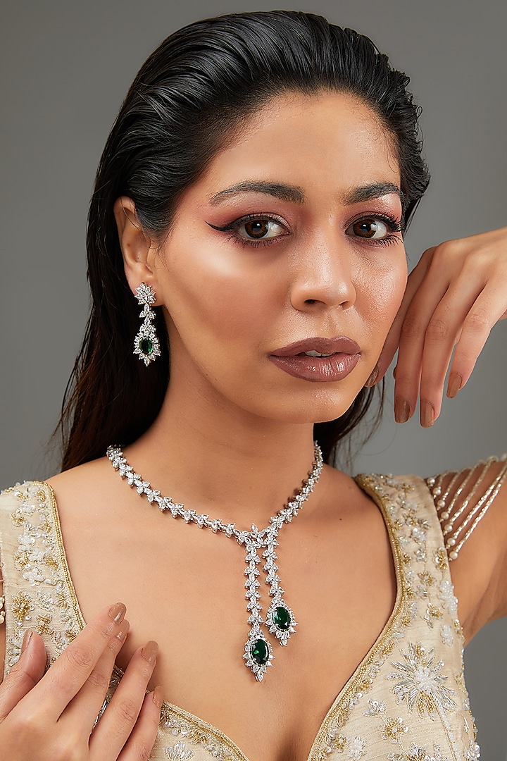 White Finish Faux Diamond & Green Stone Necklace Set by Zevar By Geeta