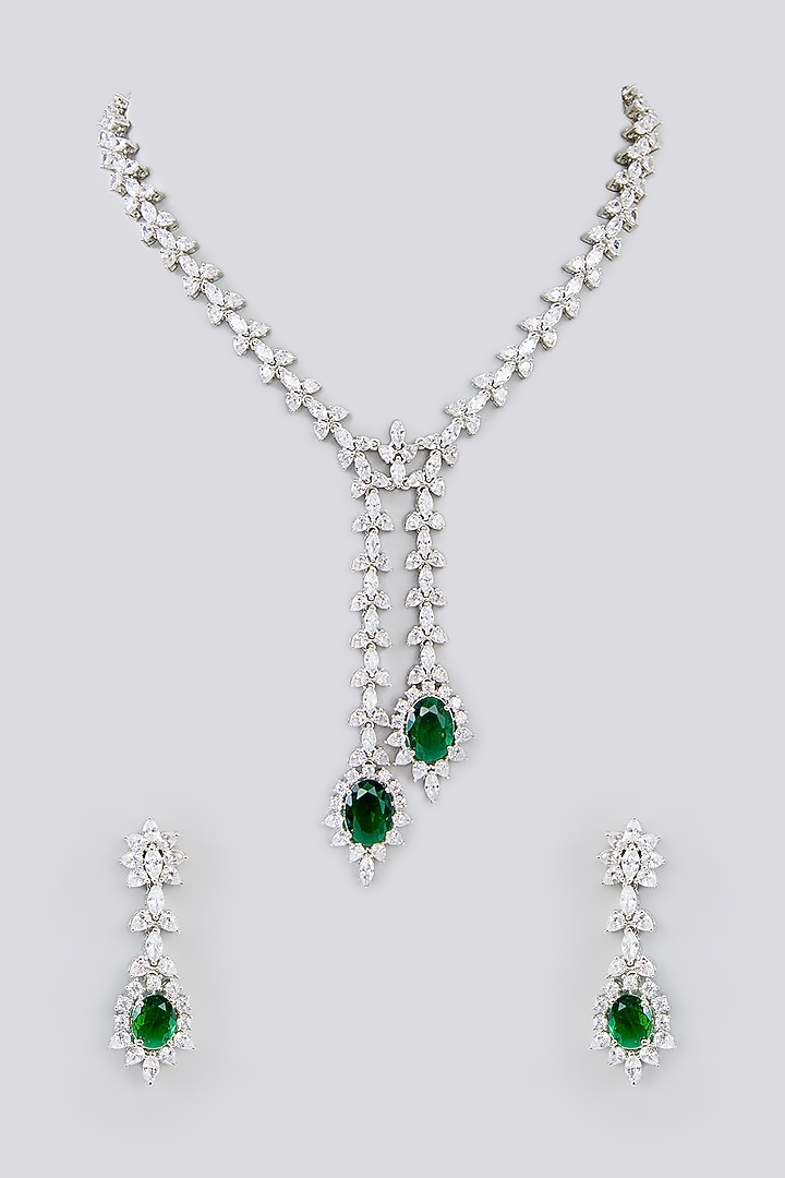 White Finish Faux Diamond & Green Stone Necklace Set by Zevar By Geeta at Pernia's Pop Up Shop