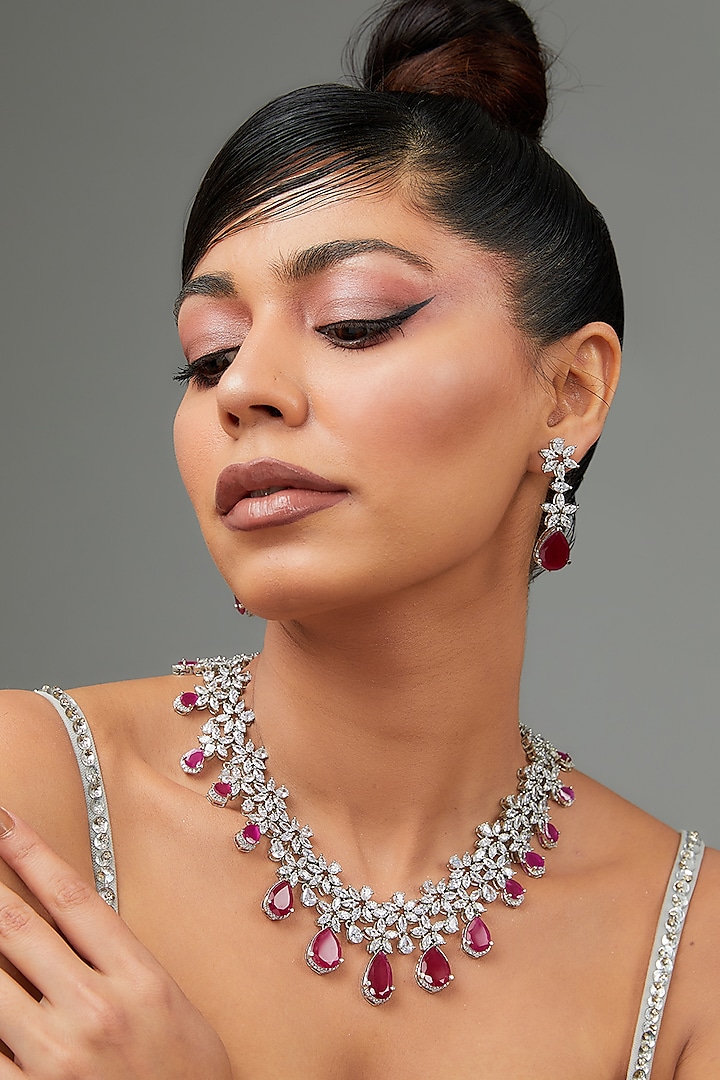 White Finish Faux Diamond & Ruby Stone Necklace Set by Zevar By Geeta