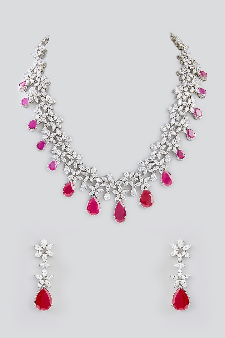 White Finish Faux Diamond & Ruby Stone Necklace Set by Zevar By Geeta