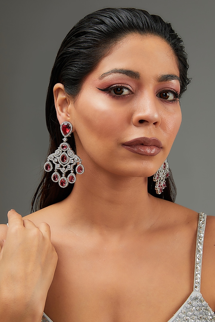 White Finish Faux Diamond & Pink Stone Dangler Earrings by Zevar By Geeta