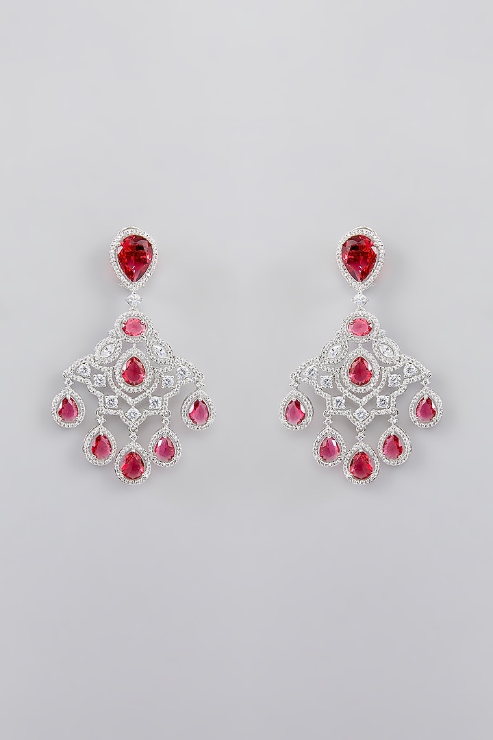 White Finish Faux Diamond & Pink Stone Dangler Earrings by Zevar By Geeta at Pernia's Pop Up Shop