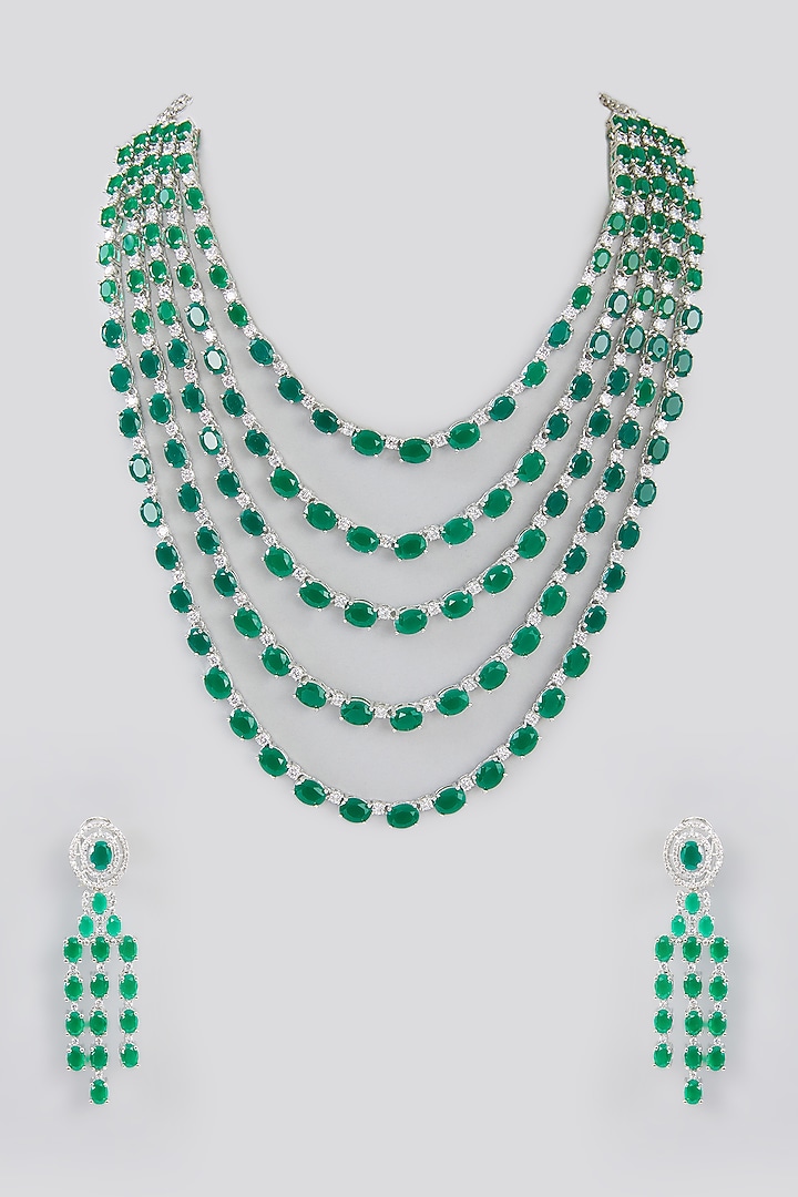 White Finish Faux Diamond & Emerald Layered Necklace Set by Zevar By Geeta at Pernia's Pop Up Shop