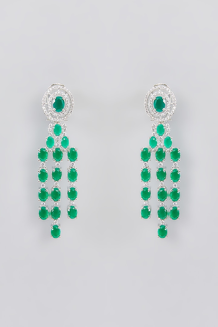 White Finish Faux Diamond & Emerald Layered Necklace Set by Zevar By Geeta at Pernia's Pop Up Shop