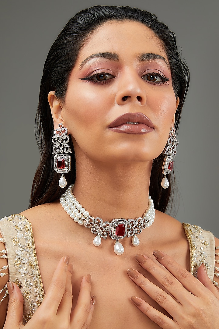 White Finish Faux Diamond & Pearl Choker Necklace Set by Zevar By Geeta