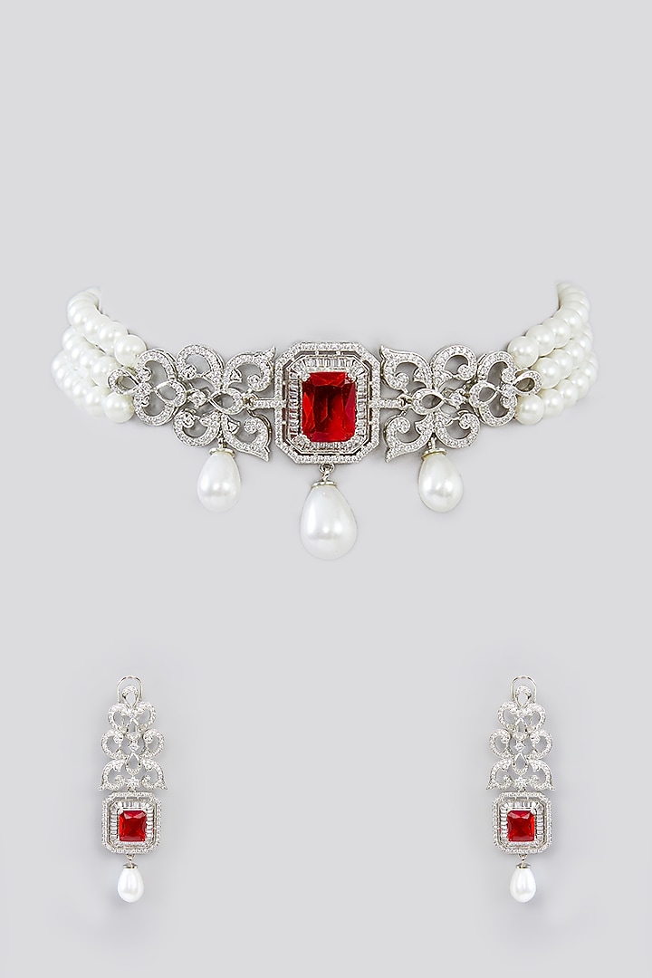 White Finish Faux Diamond & Pearl Choker Necklace Set by Zevar By Geeta at Pernia's Pop Up Shop