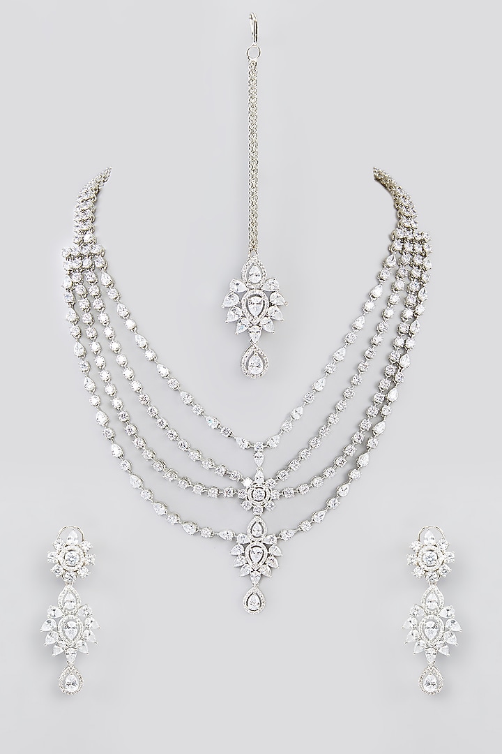 White Finish Faux Diamond Layered Necklace Set by Zevar By Geeta at Pernia's Pop Up Shop