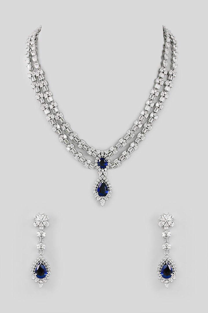 White Finish Faux Diamond Necklace Set by Zevar By Geeta at Pernia's Pop Up Shop