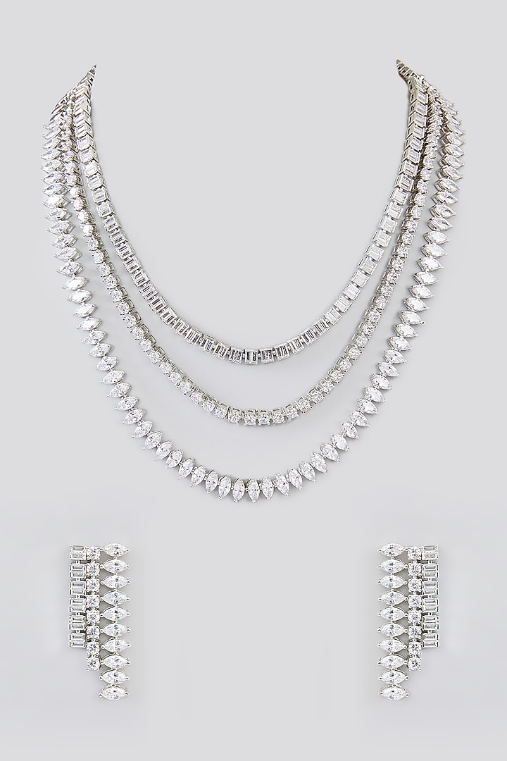White Finish Faux Diamond Layered Necklace Set by Zevar By Geeta at Pernia's Pop Up Shop