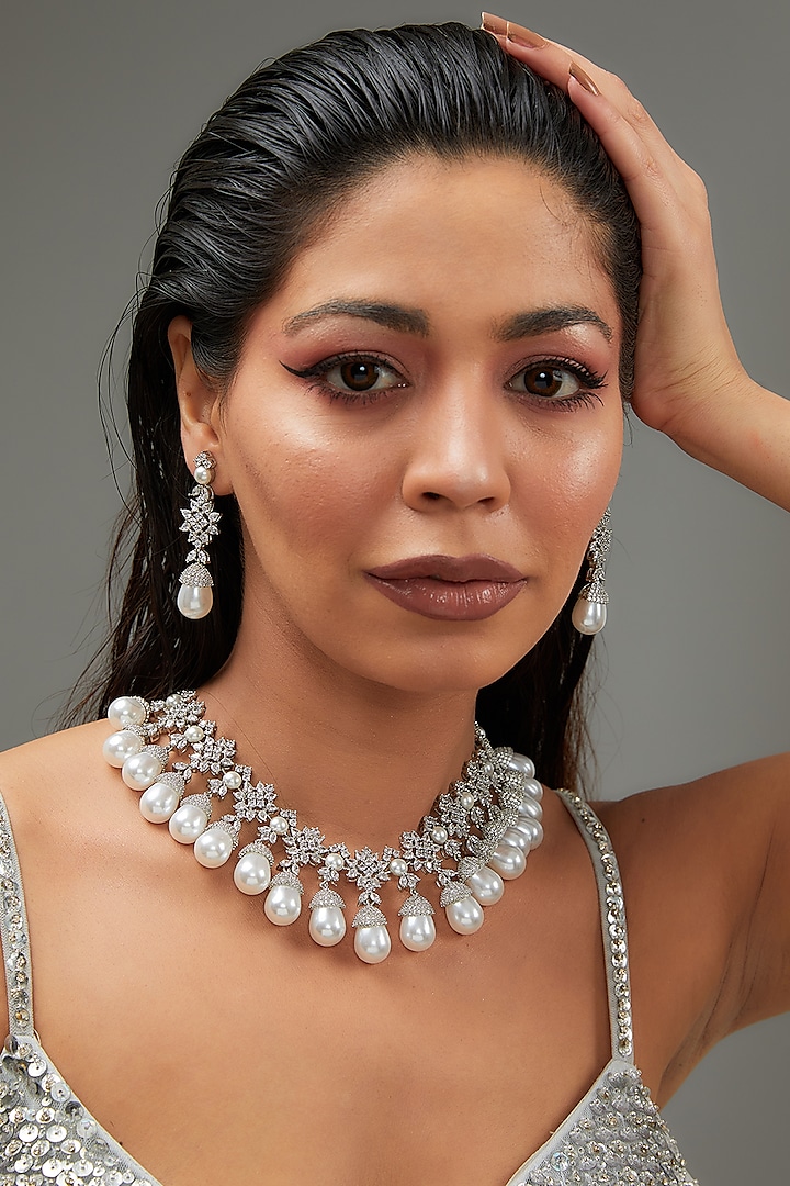 White Finish Faux Diamond & Pearl Necklace Set by Zevar By Geeta