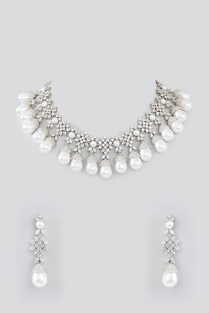White Finish Faux Diamond & Pearl Necklace Set by Zevar By Geeta at Pernia's Pop Up Shop