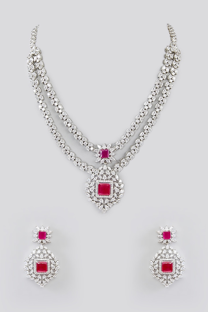 White Finish Faux Diamond Necklace Set by Zevar By Geeta at Pernia's Pop Up Shop