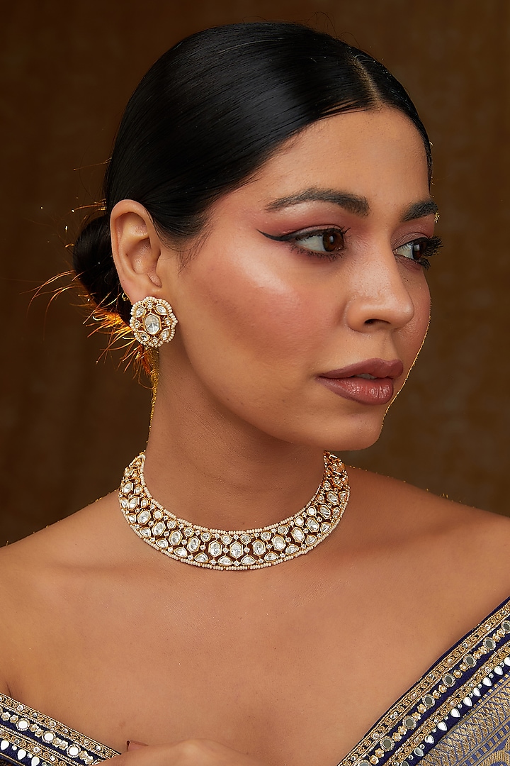 Gold Finish Faux Diamond Choker Necklace Set by Zevar By Geeta