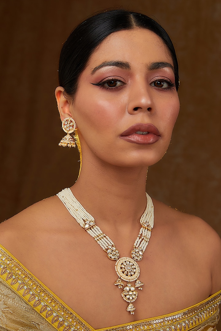Gold Finish Kundan Polki & Pearl Long Necklace Set by Zevar By Geeta