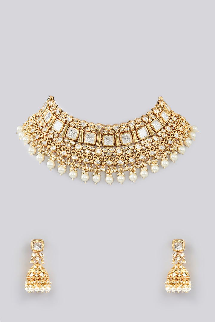 Gold Finish Kundan Polki Choker Necklace Set by Zevar By Geeta at Pernia's Pop Up Shop