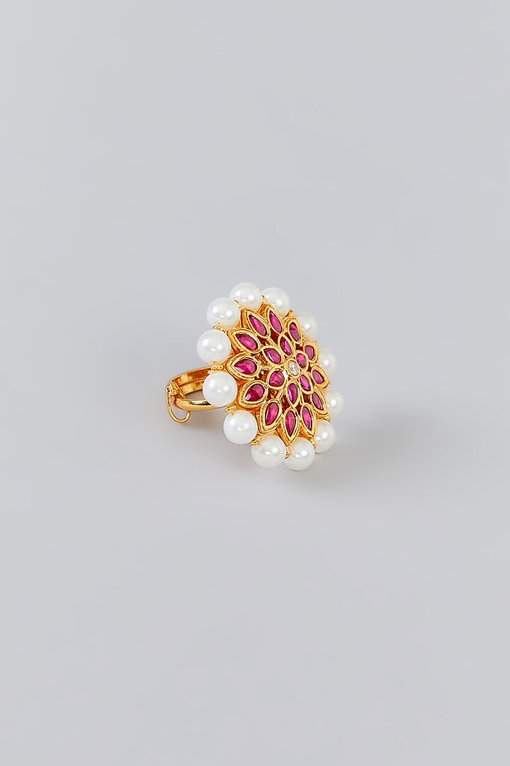 Gold Finish Kundan Polki Ring by Zevar By Geeta at Pernia's Pop Up Shop
