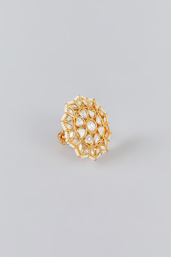 Gold Finish Kundan Polki Ring by Zevar By Geeta at Pernia's Pop Up Shop