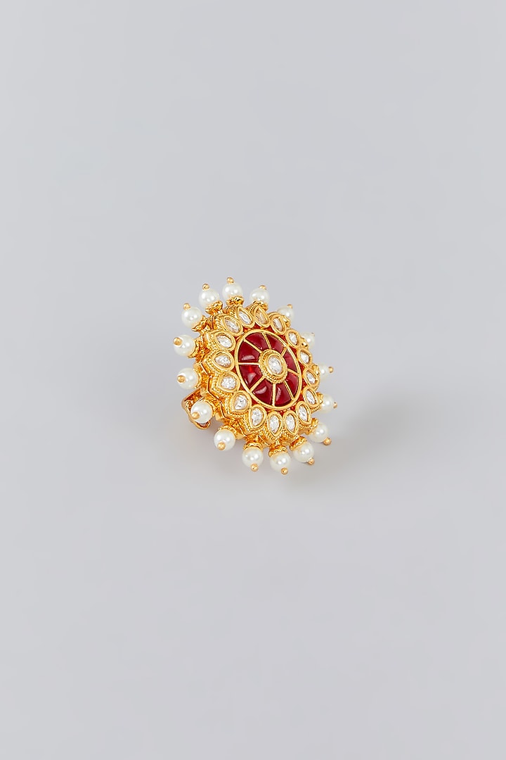 Gold Finish Kundan Polki Ring by Zevar By Geeta at Pernia's Pop Up Shop