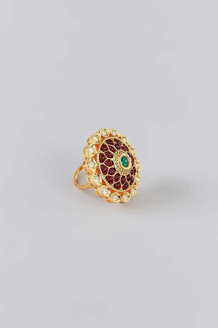 Gold Finish Kundan Polki Ring by Zevar By Geeta at Pernia's Pop Up Shop