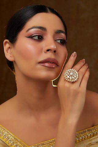Gold Finish Kundan Polki Ring by Zevar By Geeta