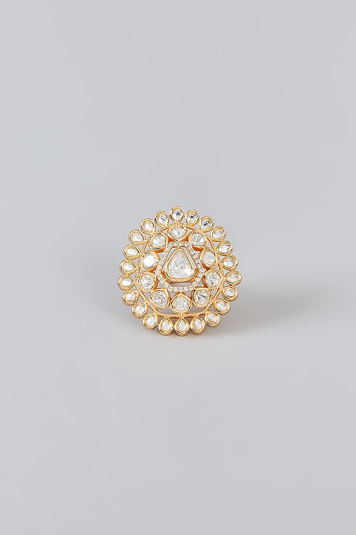 Gold Finish Kundan Polki Ring by Zevar By Geeta at Pernia's Pop Up Shop