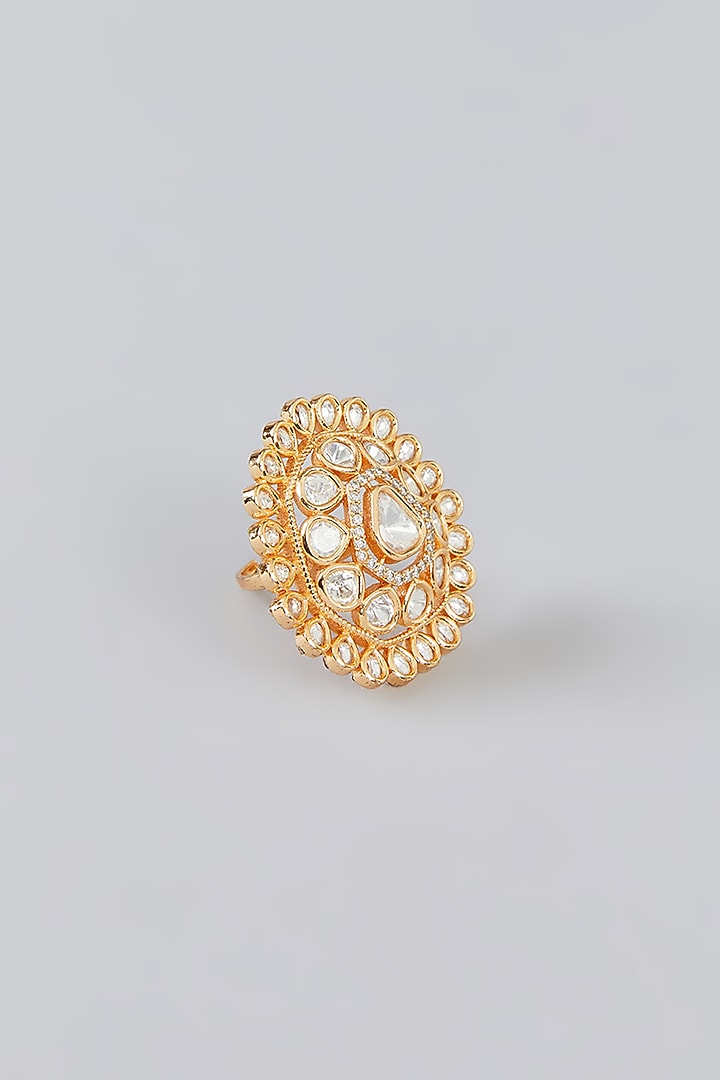 Gold Finish Kundan Polki Ring by Zevar By Geeta at Pernia's Pop Up Shop