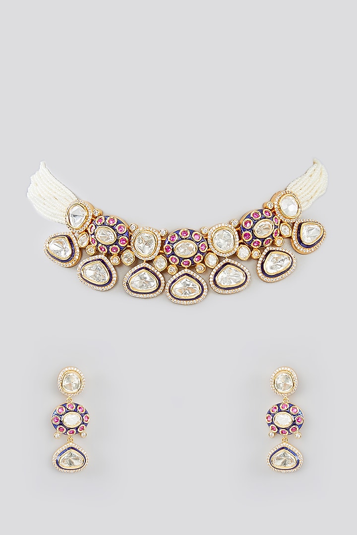 Gold Finish Kundan Polki Choker Necklace Set by Zevar By Geeta at Pernia's Pop Up Shop
