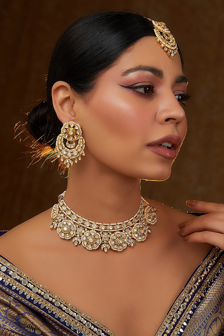 Gold Finish Kundan Polki Choker Necklace Set by Zevar By Geeta