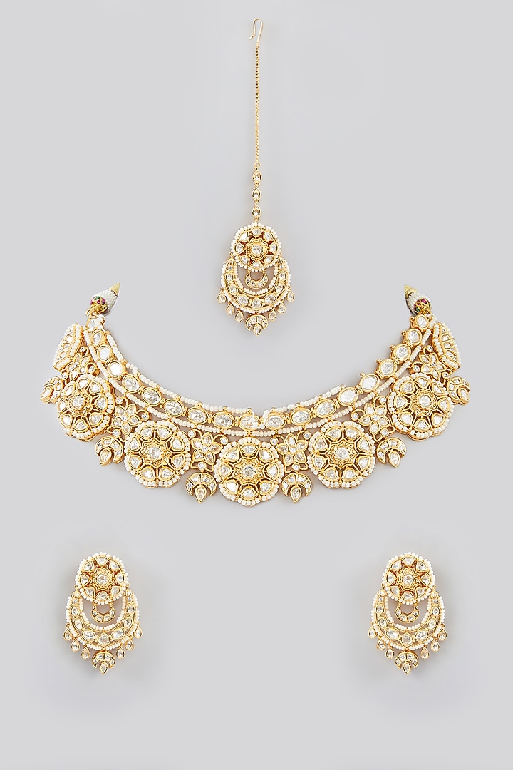 Gold Finish Kundan Polki Choker Necklace Set by Zevar By Geeta at Pernia's Pop Up Shop