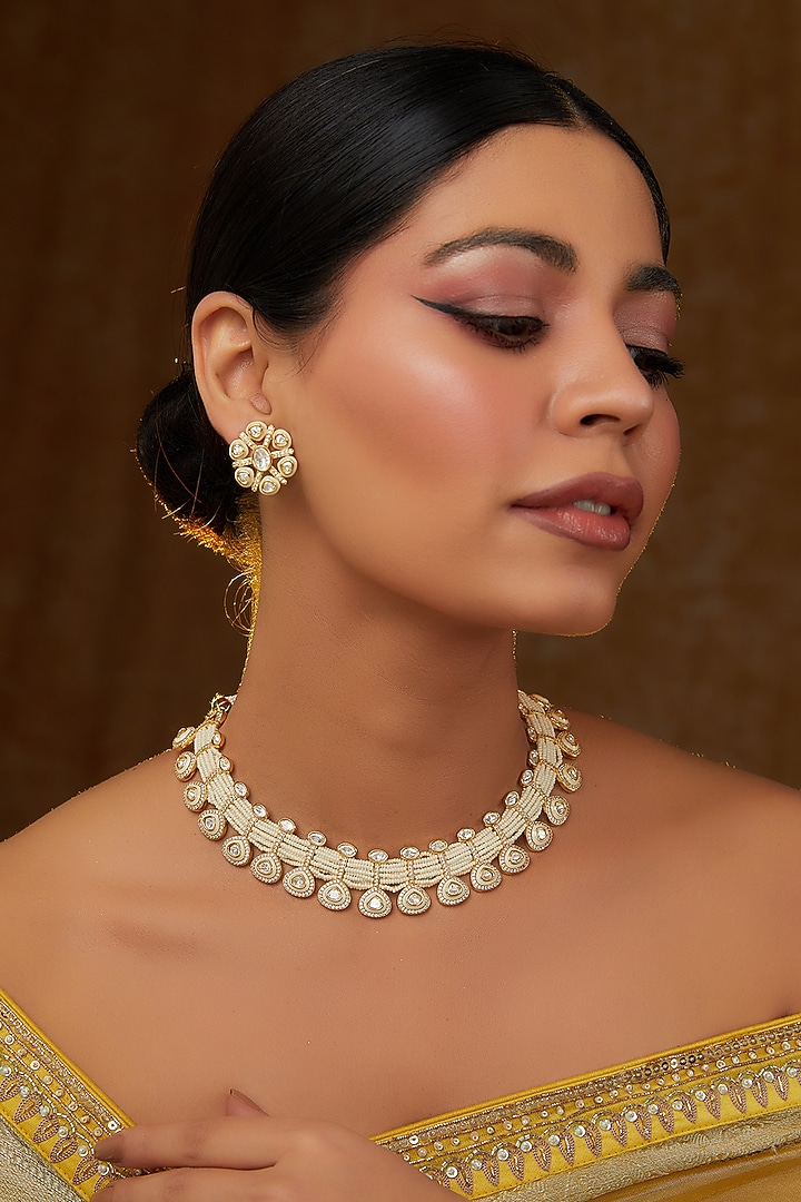 Gold Finish Kundan Polki Choker Necklace Set by Zevar By Geeta at Pernia's Pop Up Shop