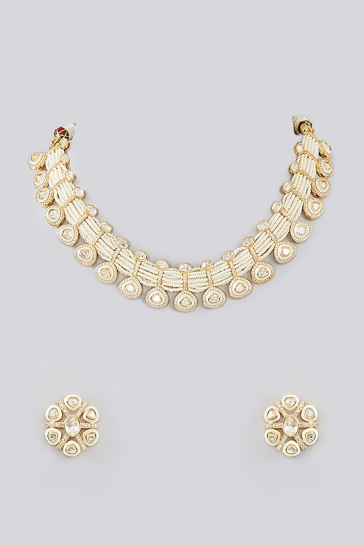 Gold Finish Kundan Polki Choker Necklace Set by Zevar By Geeta at Pernia's Pop Up Shop