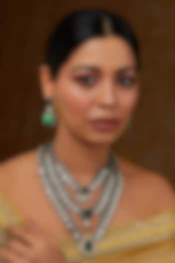 Black Rhodium Finish Kundan Polki & Emerald Layered Necklace Set by Zevar By Geeta