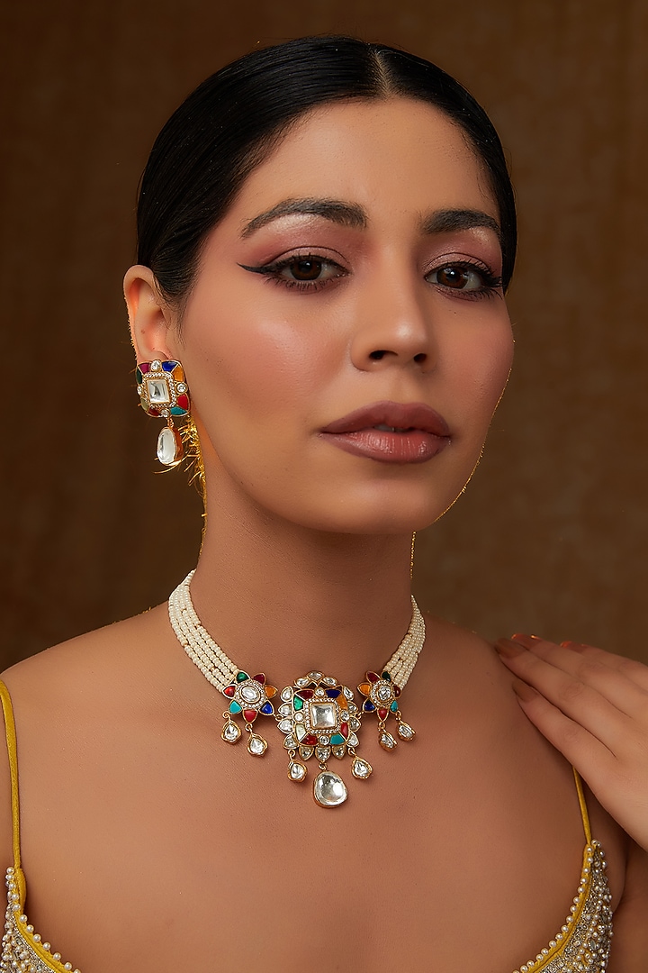 Gold Finish Kundan Polki & Pearl Choker Necklace Set by Zevar By Geeta at Pernia's Pop Up Shop