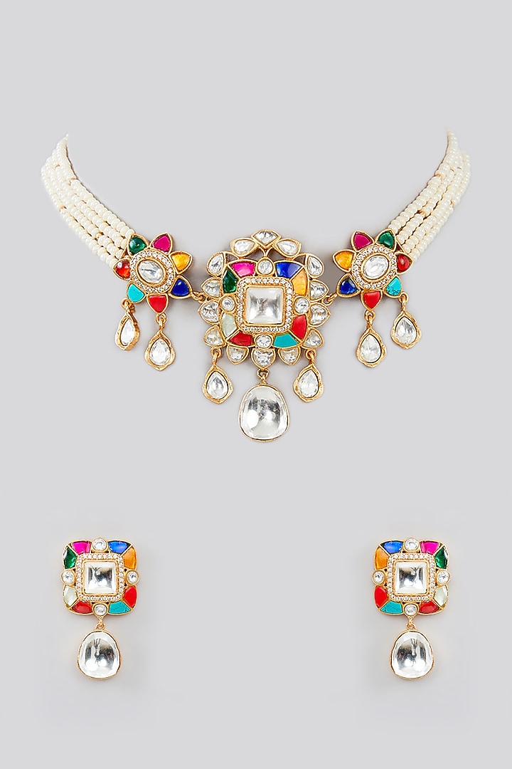 Gold Finish Kundan Polki & Pearl Choker Necklace Set by Zevar By Geeta at Pernia's Pop Up Shop