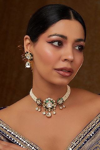 Gold Finish Kundan Polki & Pearl Choker Necklace Set by Zevar By Geeta