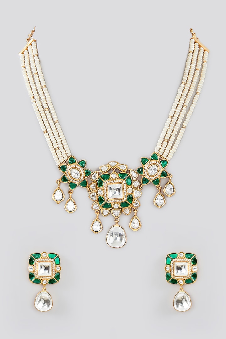 Gold Finish Kundan Polki & Pearl Choker Necklace Set by Zevar By Geeta at Pernia's Pop Up Shop