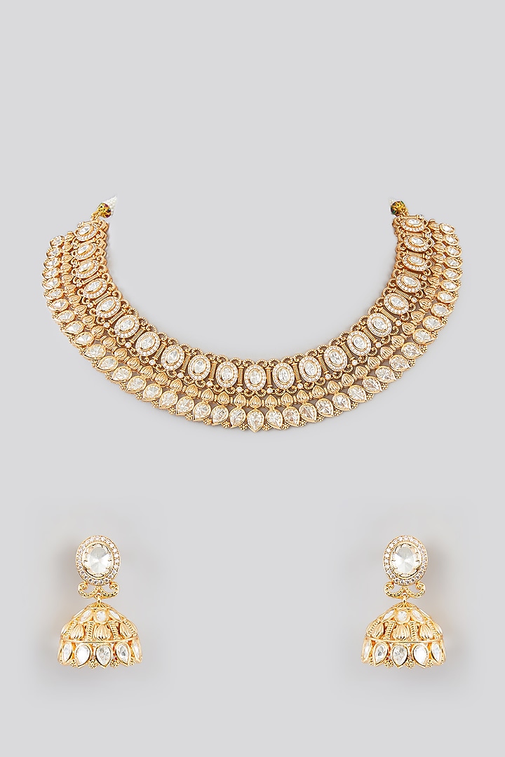 Gold Finish Kundan Polki Choker Necklace Set by Zevar By Geeta at Pernia's Pop Up Shop