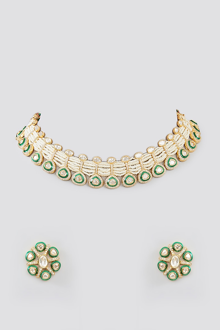 Gold Finish Kundan Polki Choker Necklace Set by Zevar By Geeta at Pernia's Pop Up Shop