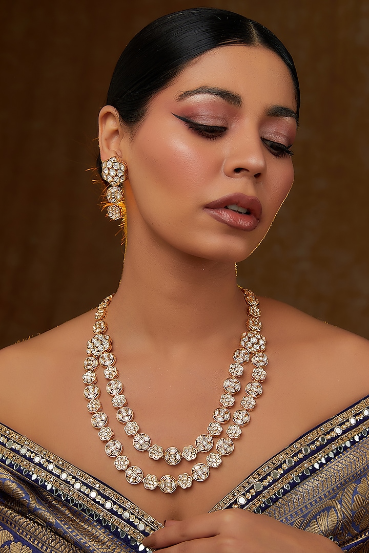 Gold Finish Kundan Polki Layered Necklace Set by Zevar By Geeta