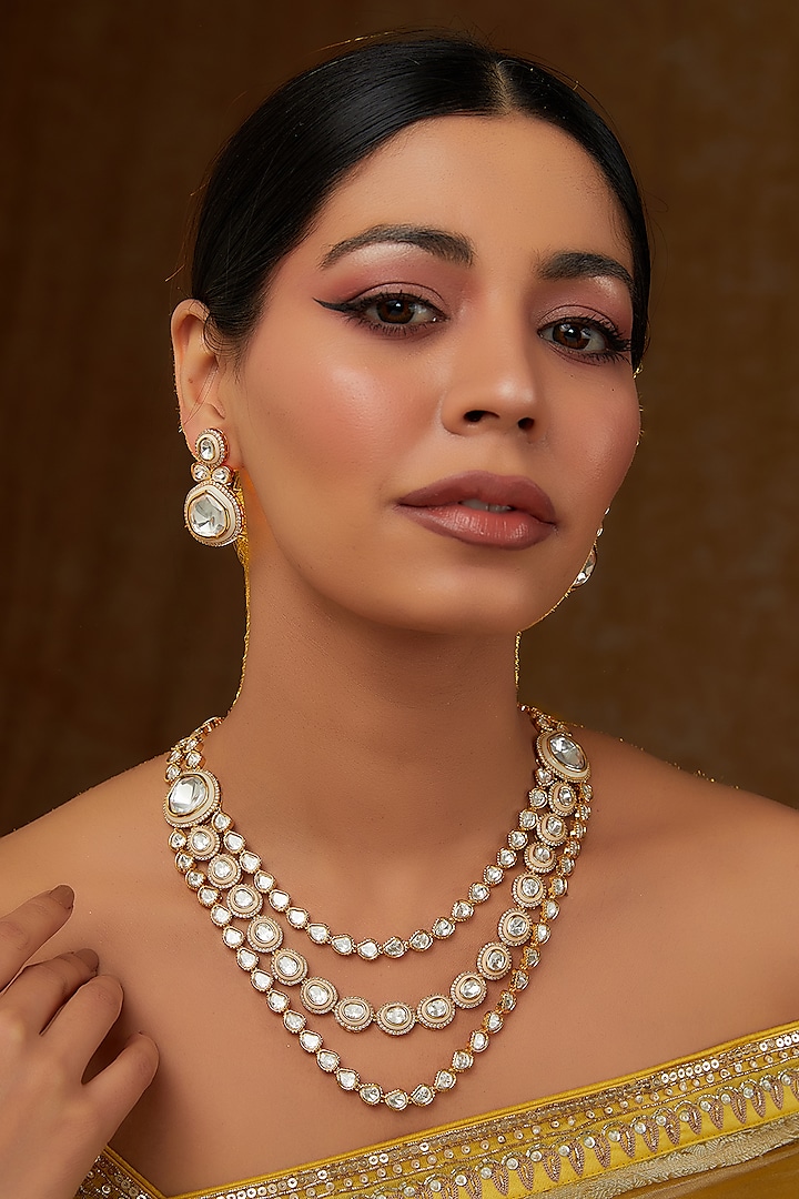 Gold Finish Kundan Polki Layered Necklace Set by Zevar By Geeta at Pernia's Pop Up Shop