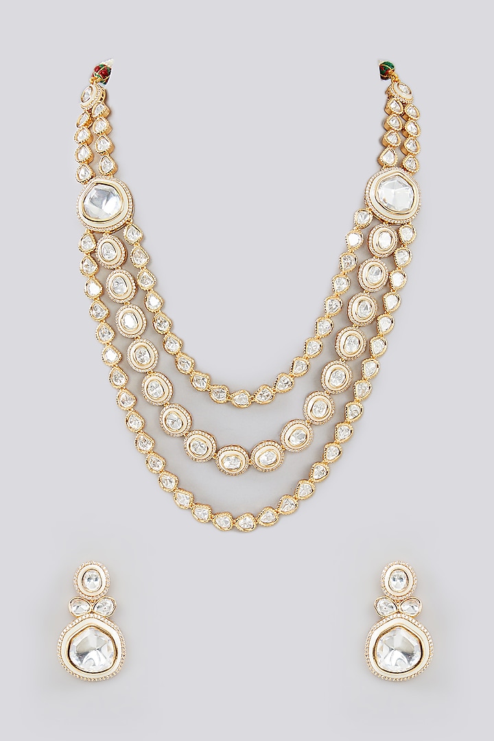 Gold Finish Kundan Polki Layered Necklace Set by Zevar By Geeta at Pernia's Pop Up Shop