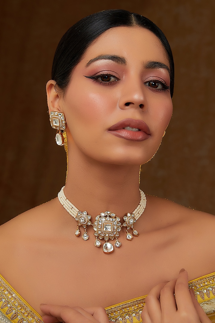 Gold Finish Kundan Polki & Pearl Choker Necklace Set by Zevar By Geeta
