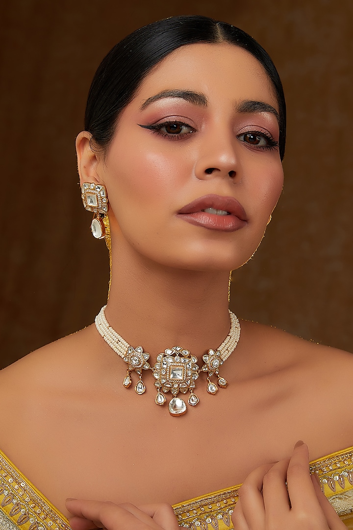 Gold Finish Kundan Polki & Pearl Choker Necklace Set by Zevar By Geeta at Pernia's Pop Up Shop