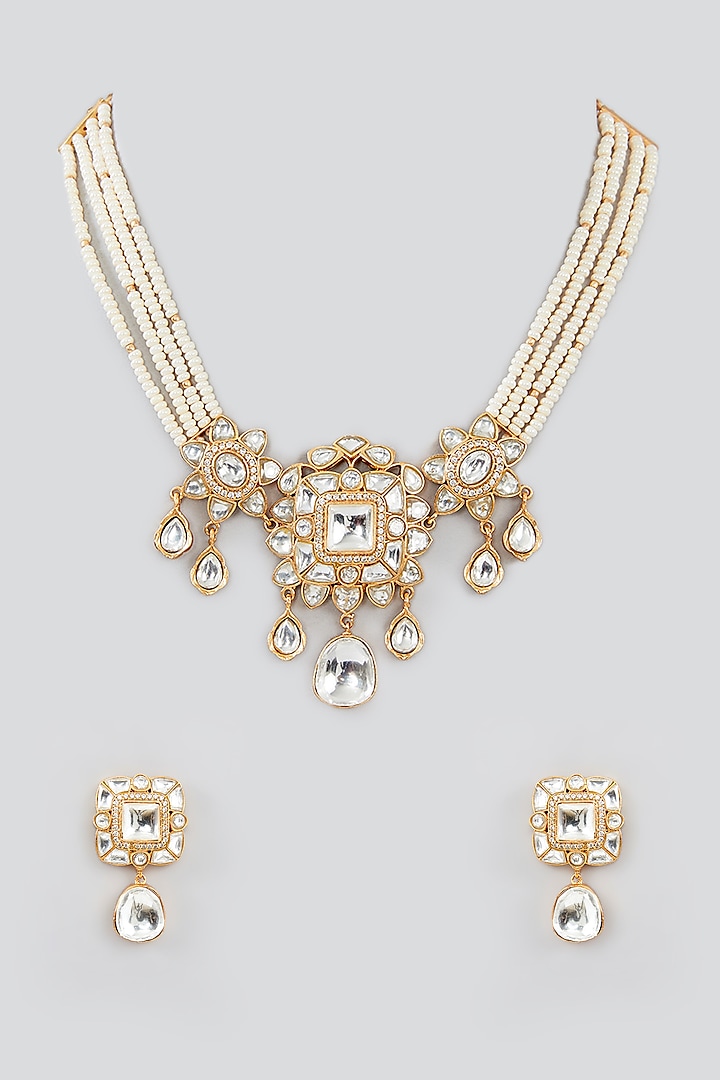 Gold Finish Kundan Polki & Pearl Choker Necklace Set by Zevar By Geeta at Pernia's Pop Up Shop