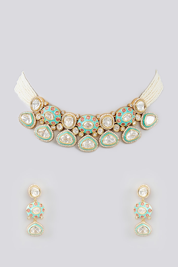 Gold Finish Kundan Polki & Pearl Choker Necklace Set by Zevar By Geeta at Pernia's Pop Up Shop