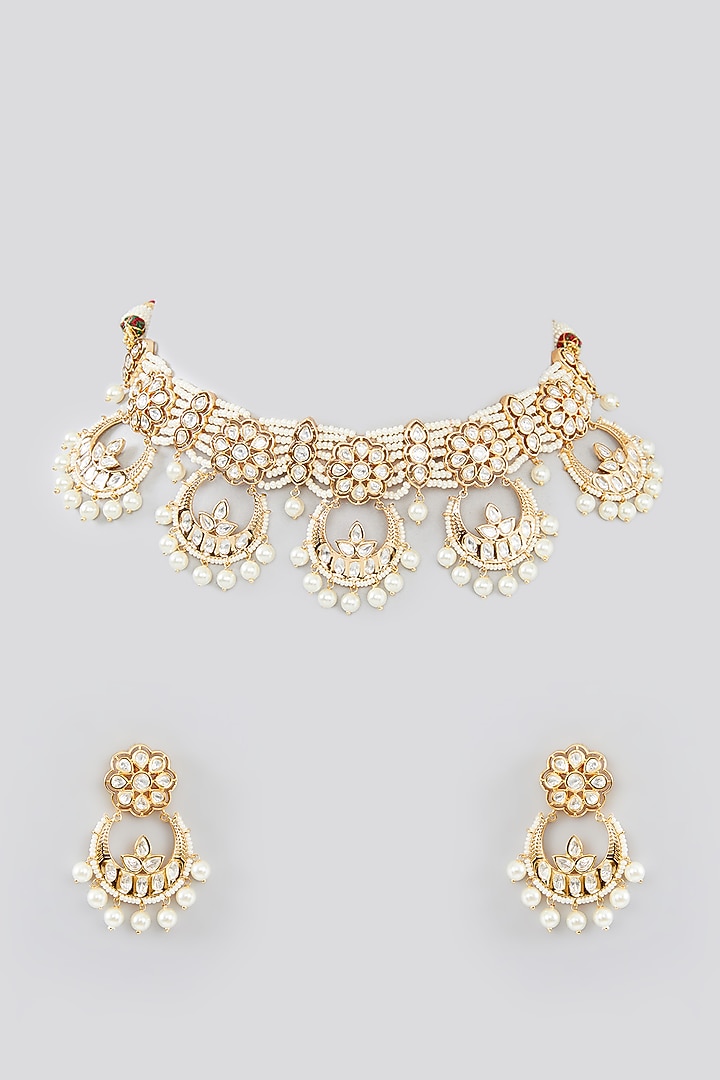 Gold Finish Kundan Polki Choker Necklace Set by Zevar By Geeta at Pernia's Pop Up Shop